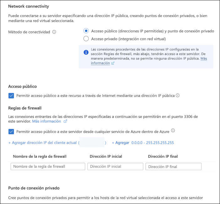 Recorte de pantalla de la pestaña Redes que muestra la configuración de red para un nuevo servidor de Azure Database for MySQL.