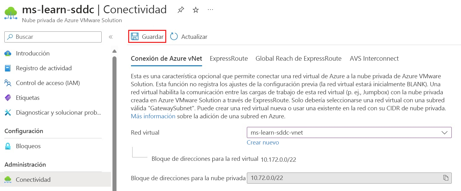 La captura de pantalla muestra dónde seleccionar la red virtual desde la conexión de red virtual de Azure y cómo guardar la configuración.