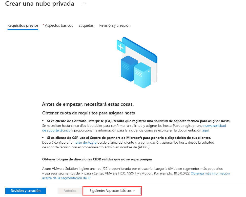 Captura de pantalla que muestra el panel de requisitos previos antes de crear el entorno de nube privada Azure VMware Solution en Azure.