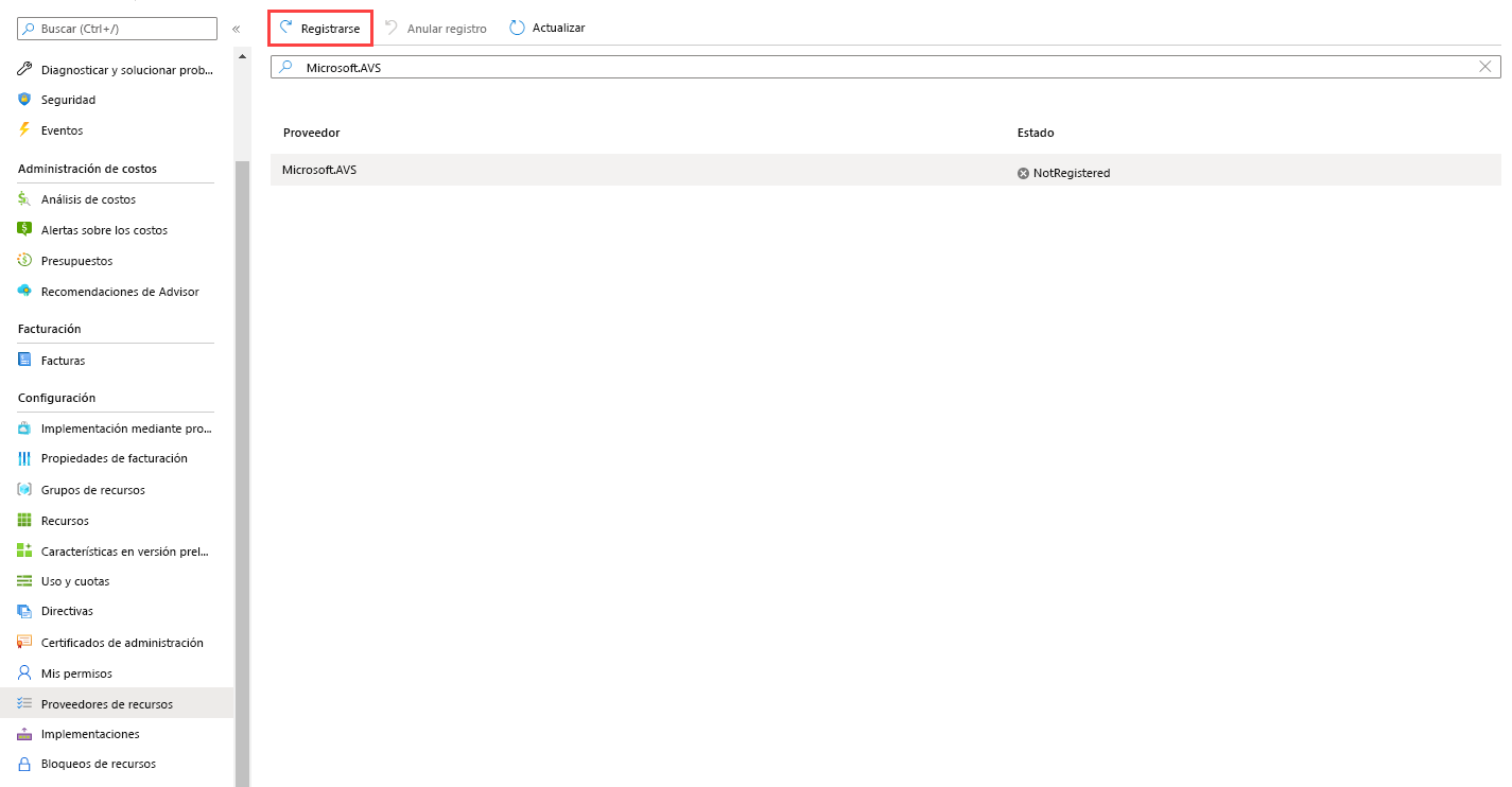 Captura de pantalla en la que se muestra el botón Registrar en la parte superior de la página Suscripción > Proveedores de recursos de Azure Portal.