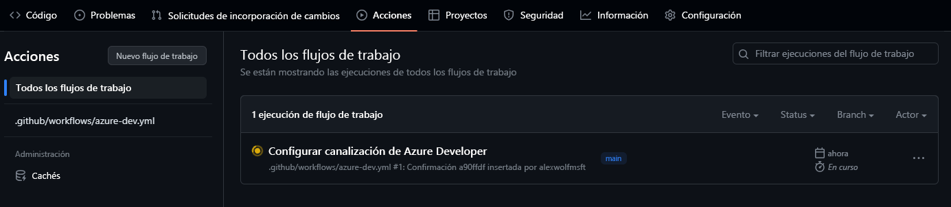 Captura de pantalla que muestra un flujo de trabajo de Acciones de GitHub en ejecución.