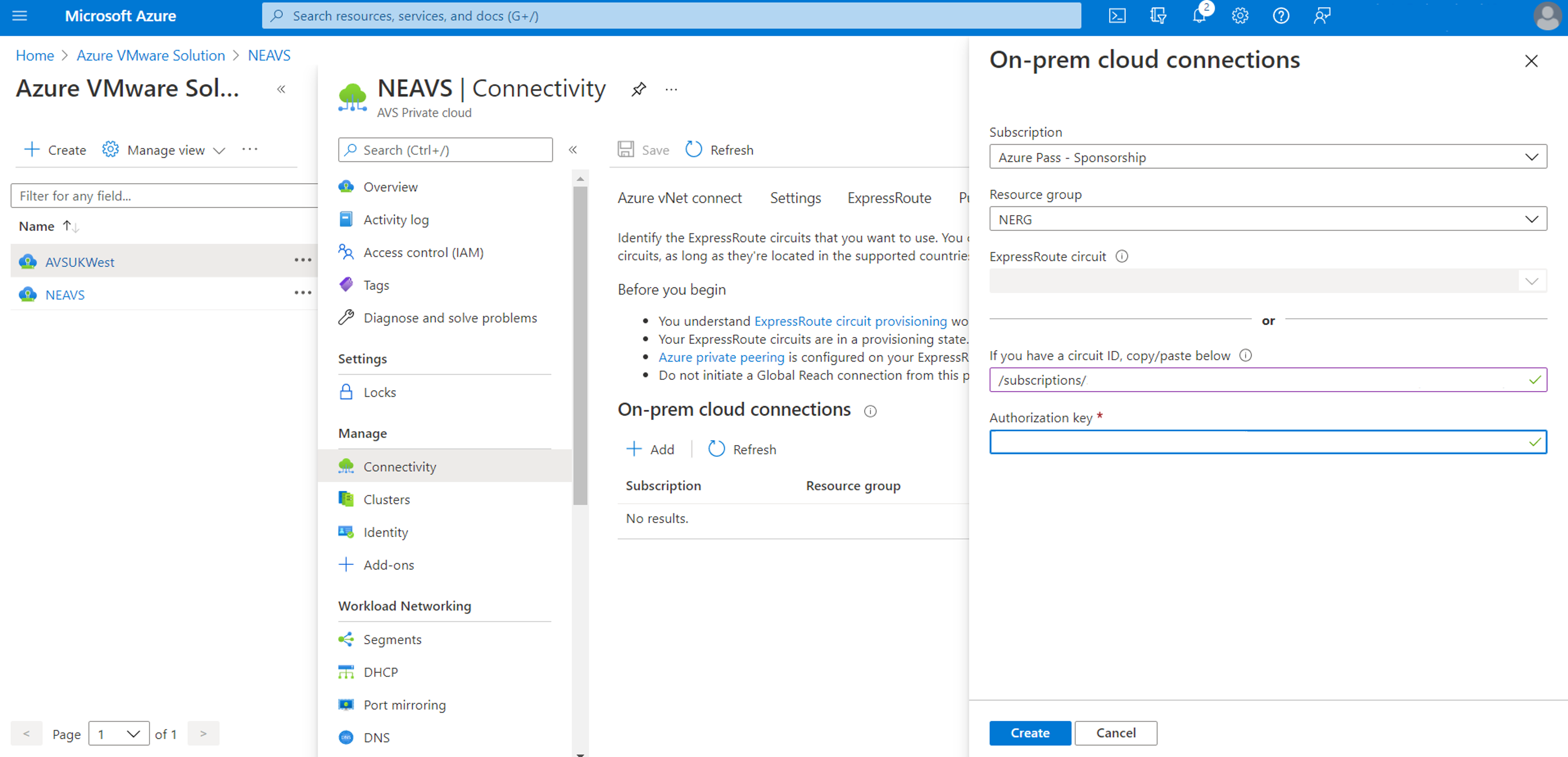 Captura de pantalla de la ventana de conexiones entre el entorno local y la nube en Azure VMware Solution.