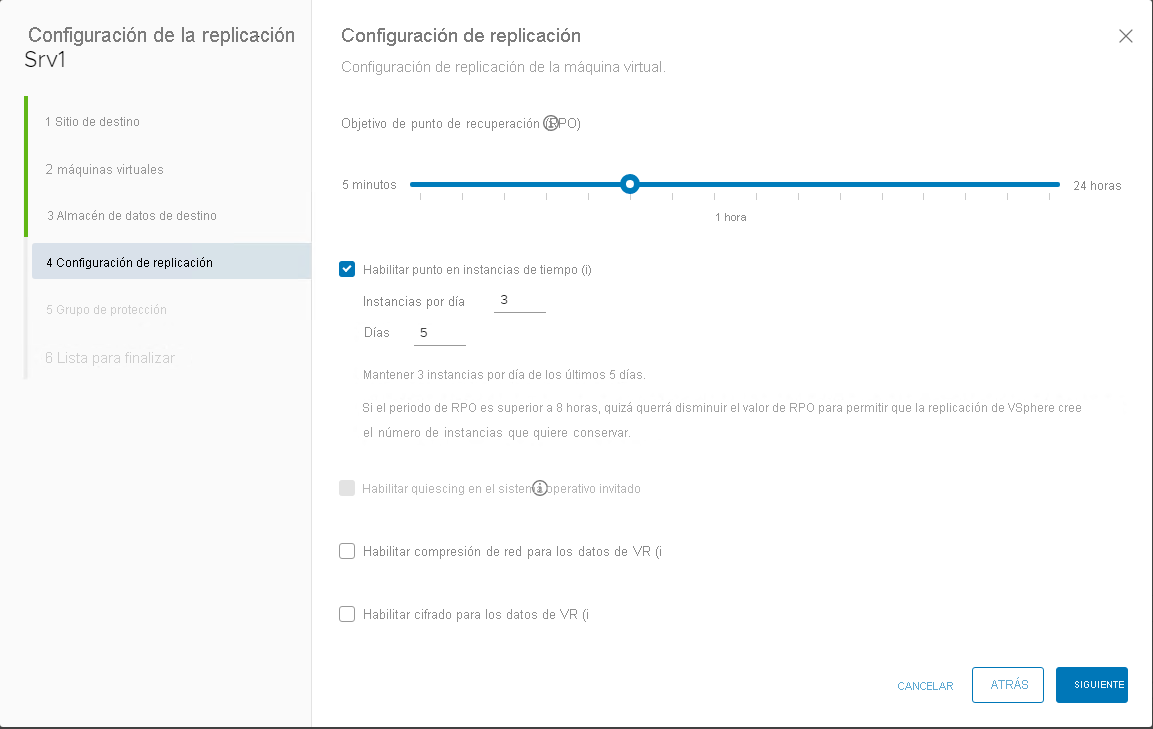 Screenshot of the Replication settings window in Azure VMware Solution, with the configured RPO settings.