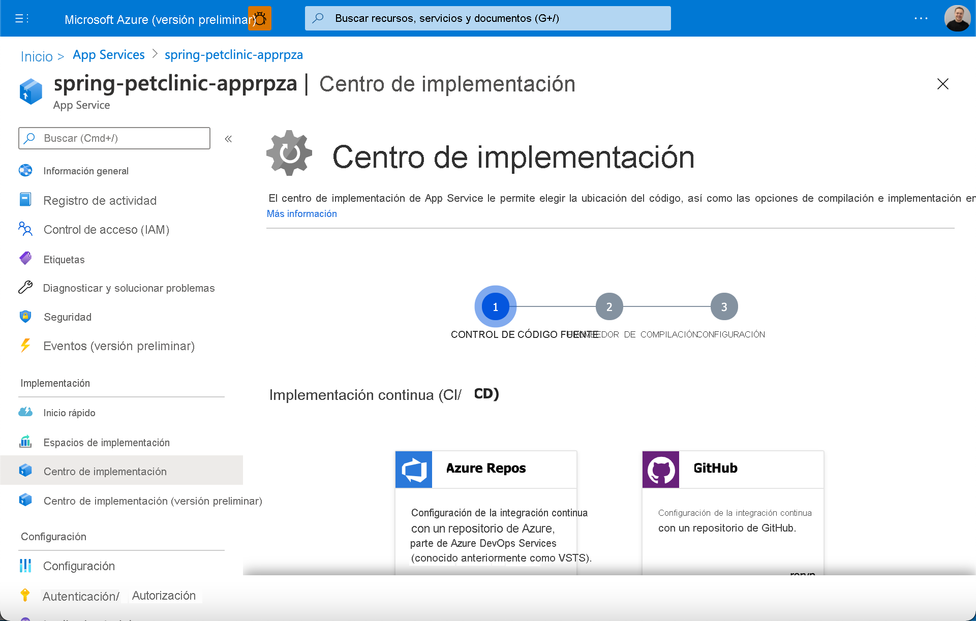 Screenshot of the Azure App Service Deployment Center.