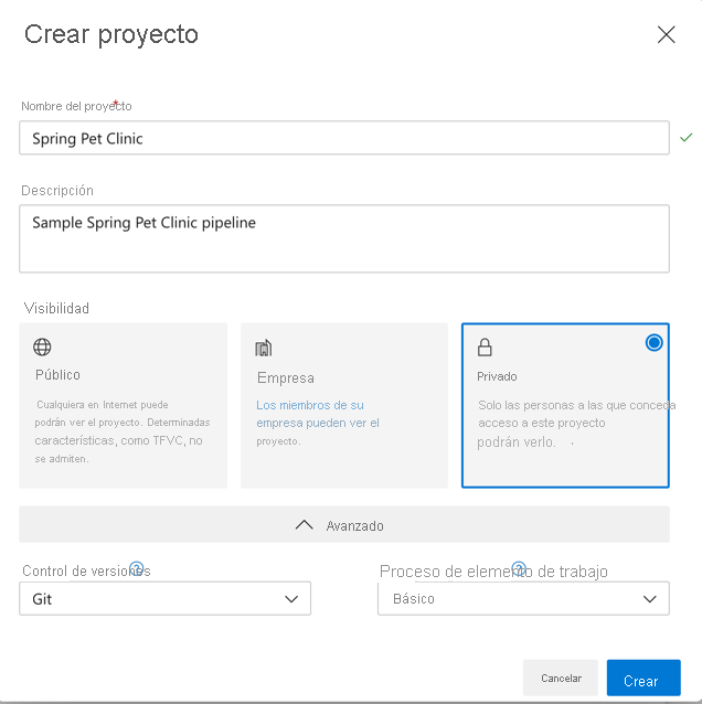 Captura de pantalla en la que se muestra el formulario nuevo del proyecto de Azure.