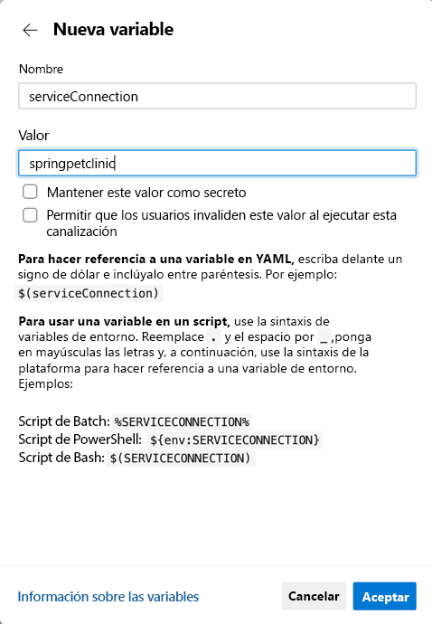 Captura de pantalla en la que se muestra la nueva variable de la entidad de servicio.