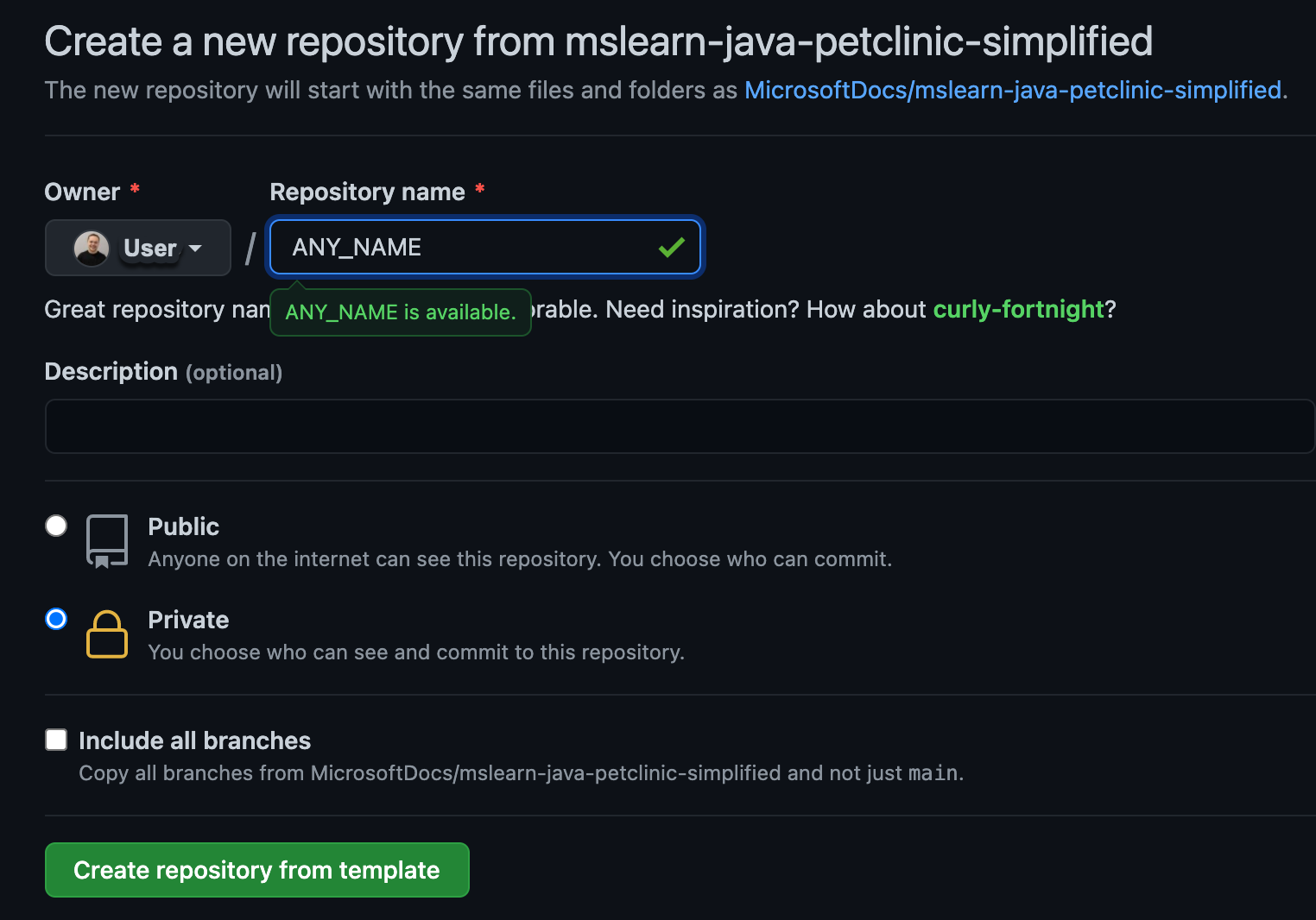 Captura de pantalla del botón para crear repositorio a partir de plantilla en la página de creación de un repositorio a partir de…