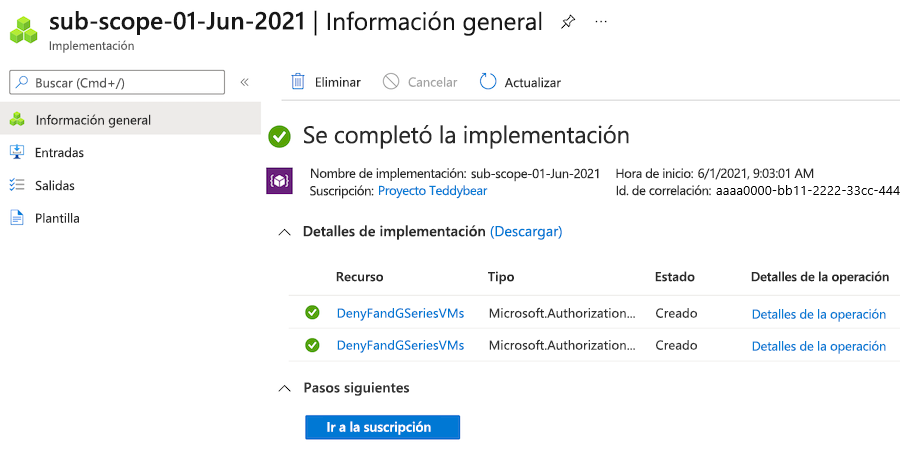 Captura de pantalla del panel de información general de Azure Portal para la implementación seleccionada.