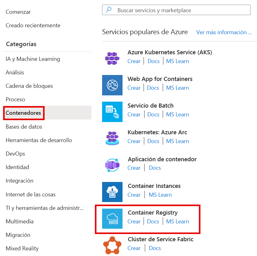 Captura de pantalla en la que se muestra el panel Nuevos en Azure Portal con las opciones de contenedor disponibles en Azure Marketplace.