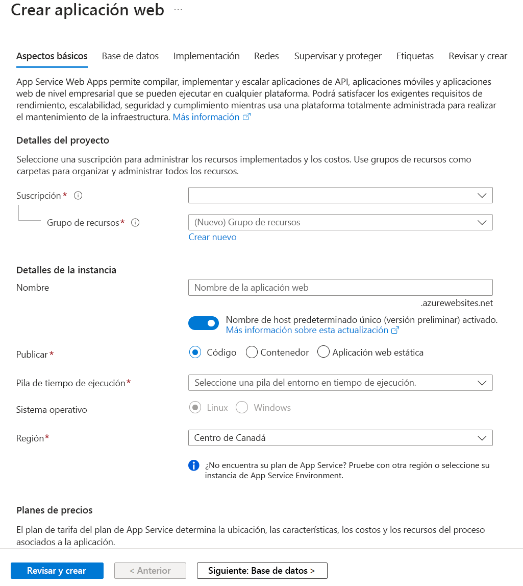 Captura de pantalla en la que se muestra Azure Marketplace con la opción Aplicación web seleccionada.