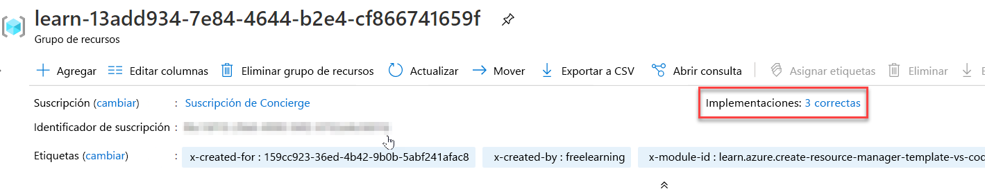 Interfaz de Azure Portal para las implementaciones en la que se muestra una con el estado de correcta.