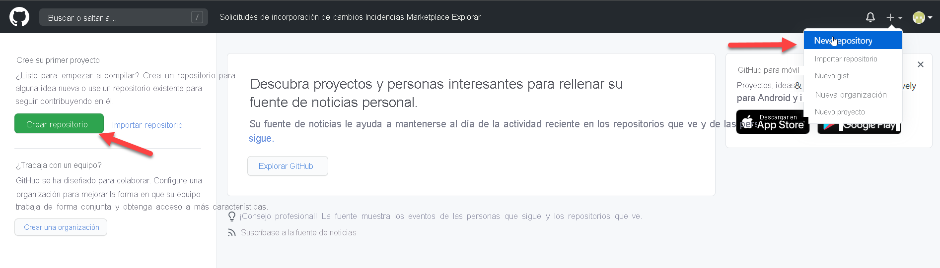 Captura de pantalla en la que se muestran las selecciones para crear un repositorio de GitHub.