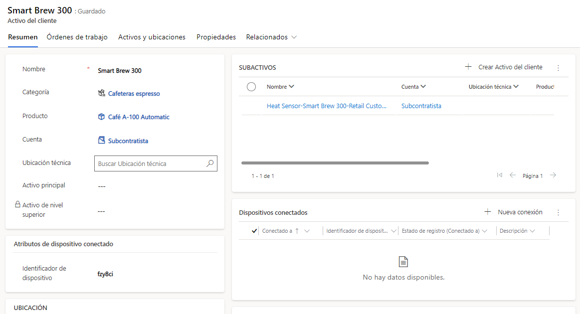 Captura de pantalla de un activo de cliente de muestra introducido en Dynamics 365 Field Service