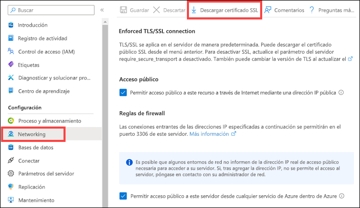 Recorte de pantalla que muestra la hoja Redes de Azure Database for MySQL en Azure Portal.