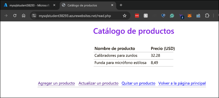 Recorte de pantalla de la aplicación web implementada que se muestra en el explorador web.