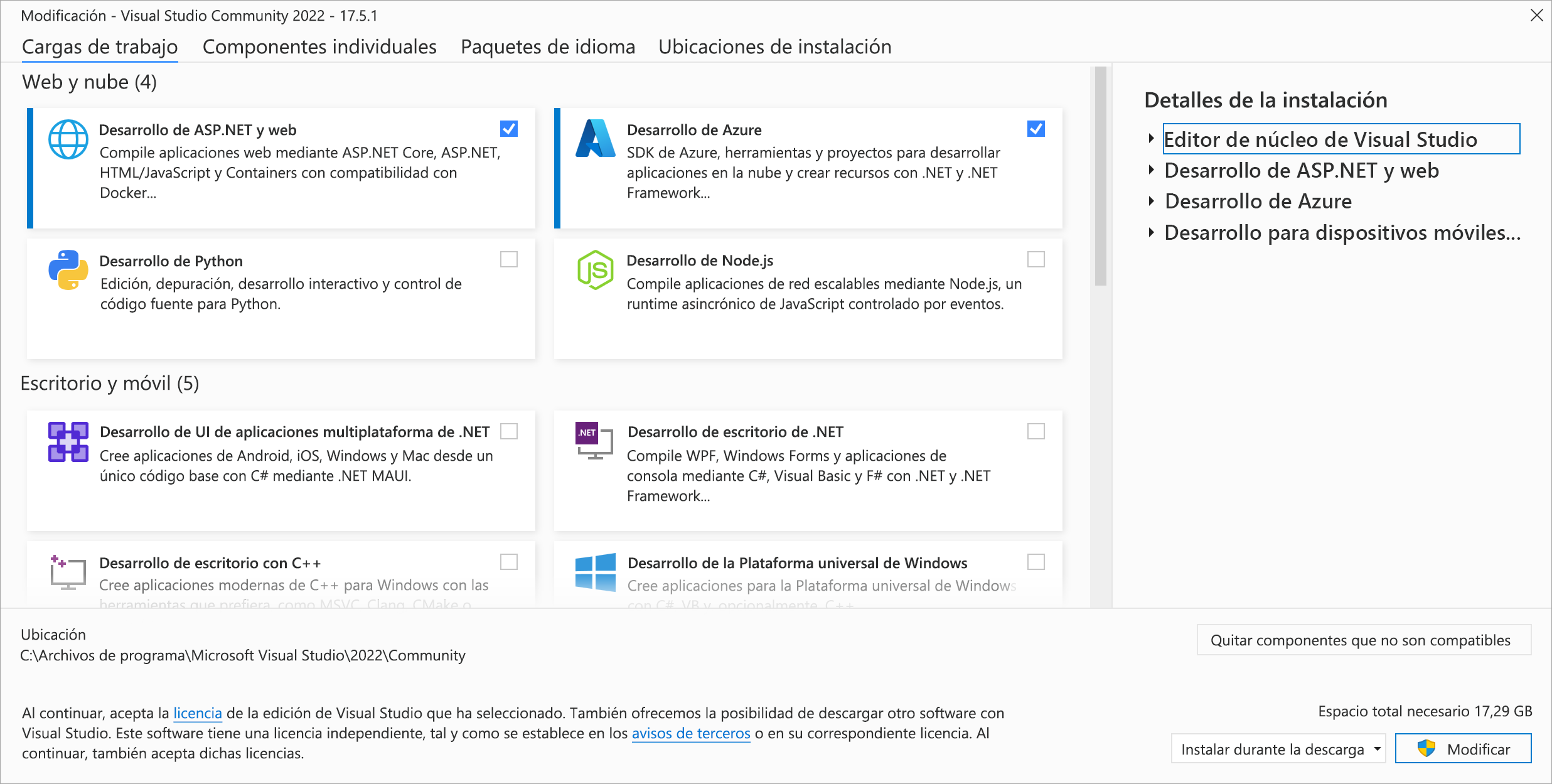 Captura de pantalla de la pestaña de modificación de cargas de trabajo en Visual Studio Community 2022 con ASP.NET y el desarrollo web y el desarrollo de Azure resaltados.