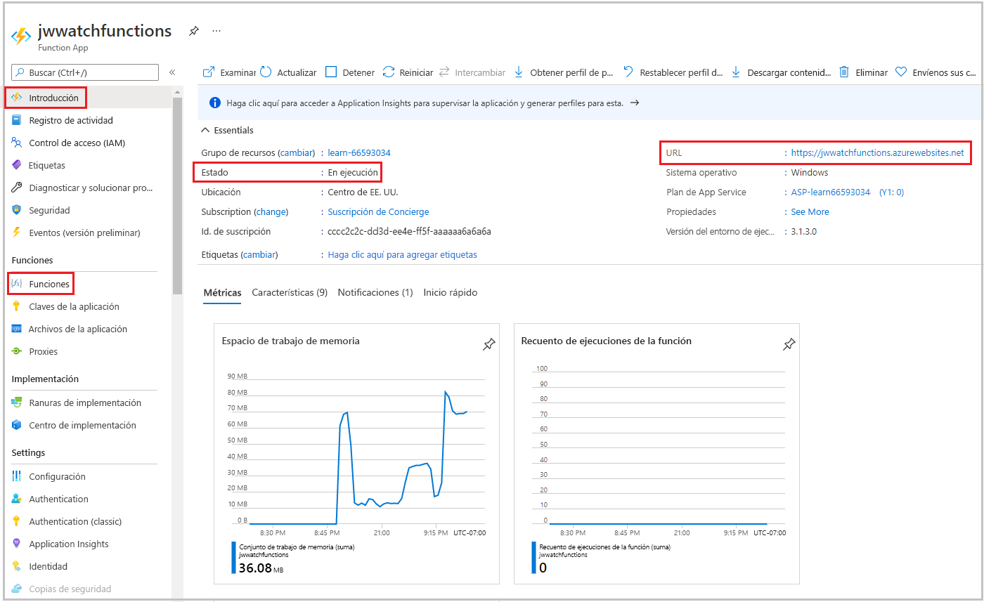 Captura de pantalla del panel Aplicación de funciones de Azure Portal en el que se muestran las funciones 