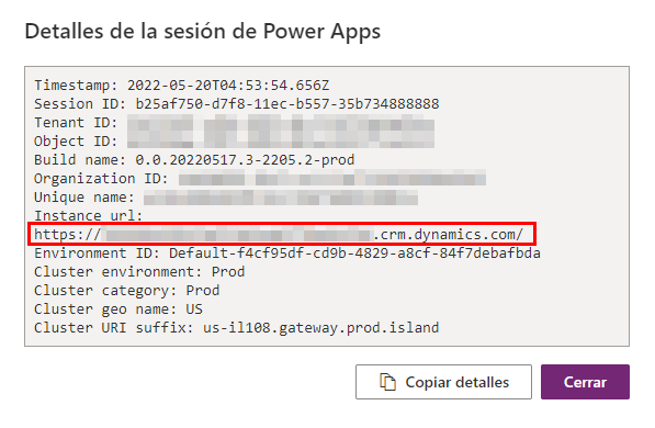 Captura de pantalla donde aparecen los detalles de la sesión y dónde encontrar el valor URL de la instancia