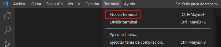 Captura de pantalla donde aparece el botón Nuevo terminal