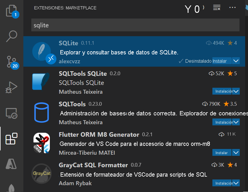 Captura de pantalla en la que se muestra el panel de extensiones con SQLite.