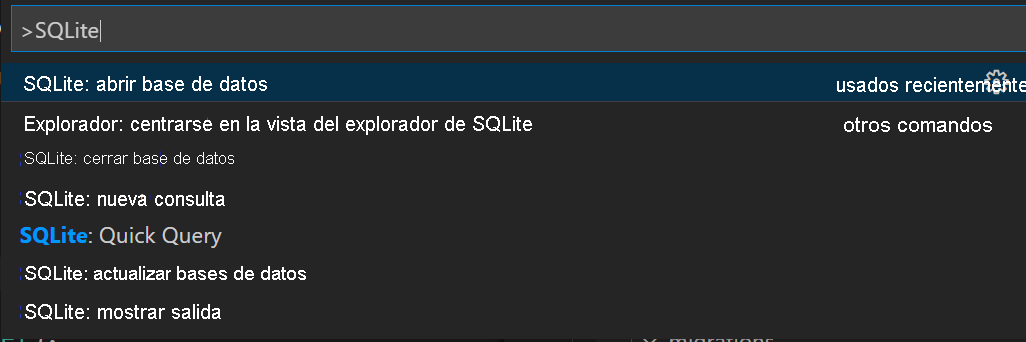 Captura de pantalla en la que se muestra la paleta de comandos de SQLite.