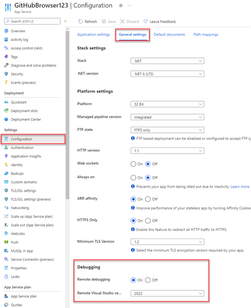 Captura de pantalla de la configuración de depuración remota de Azure.