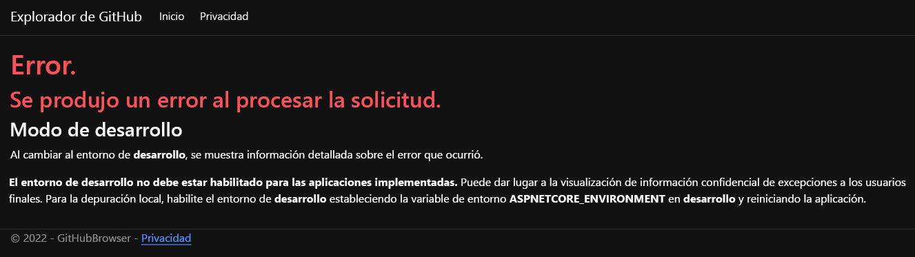 Captura de pantalla del error de la aplicaicón.