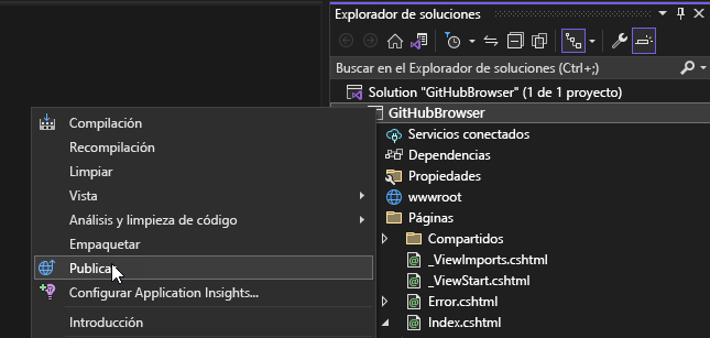 Captura de pantalla de la opción de publicación en Visual Studio.