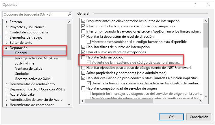 Captura de pantalla de la configuración de depuración de Visual Studio.