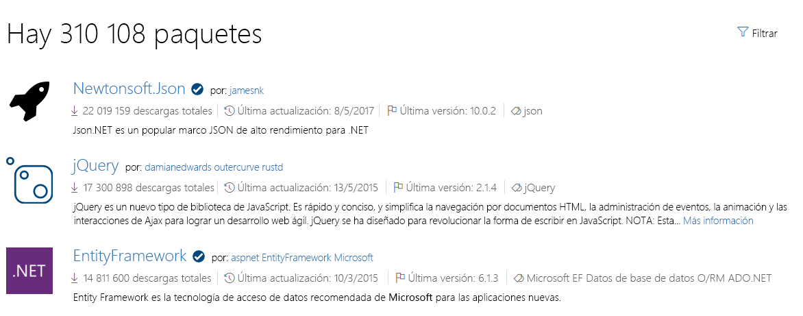 Captura de pantalla de NuGet.org en la que se muestra una lista de paquetes populares.