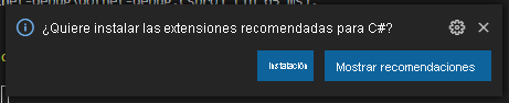 Captura de pantalla del mensaje de extensiones recomendadas de Visual Studio Code.