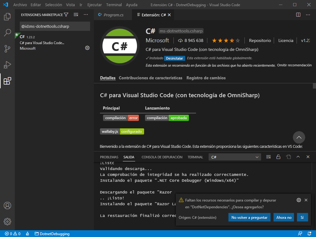 Captura de pantalla del mensaje de recursos necesarios de Visual Studio Code.