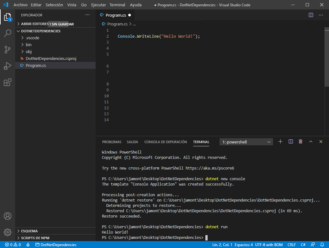 Captura de pantalla de Visual Studio Code con una nueva aplicación de consola.