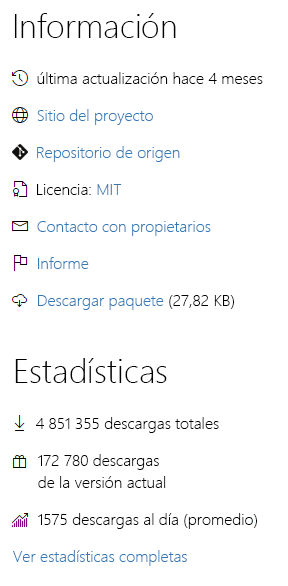 Captura de pantalla con información y métricas de un paquete NuGet.