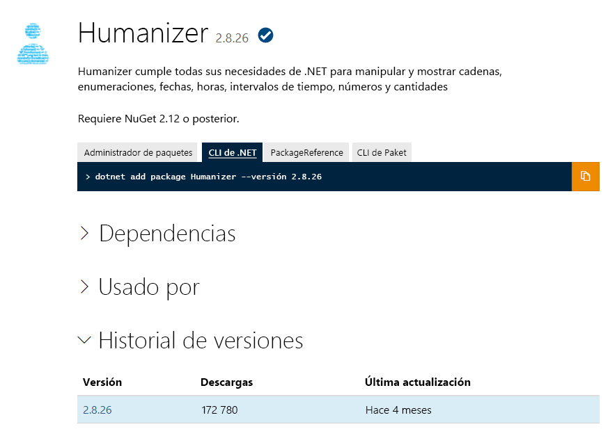 Captura de pantalla de la página de aterrizaje de un paquete NuGet.