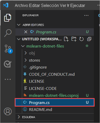Captura de pantalla de la ventana Explorador en la que se resalta el archivo program.cs.