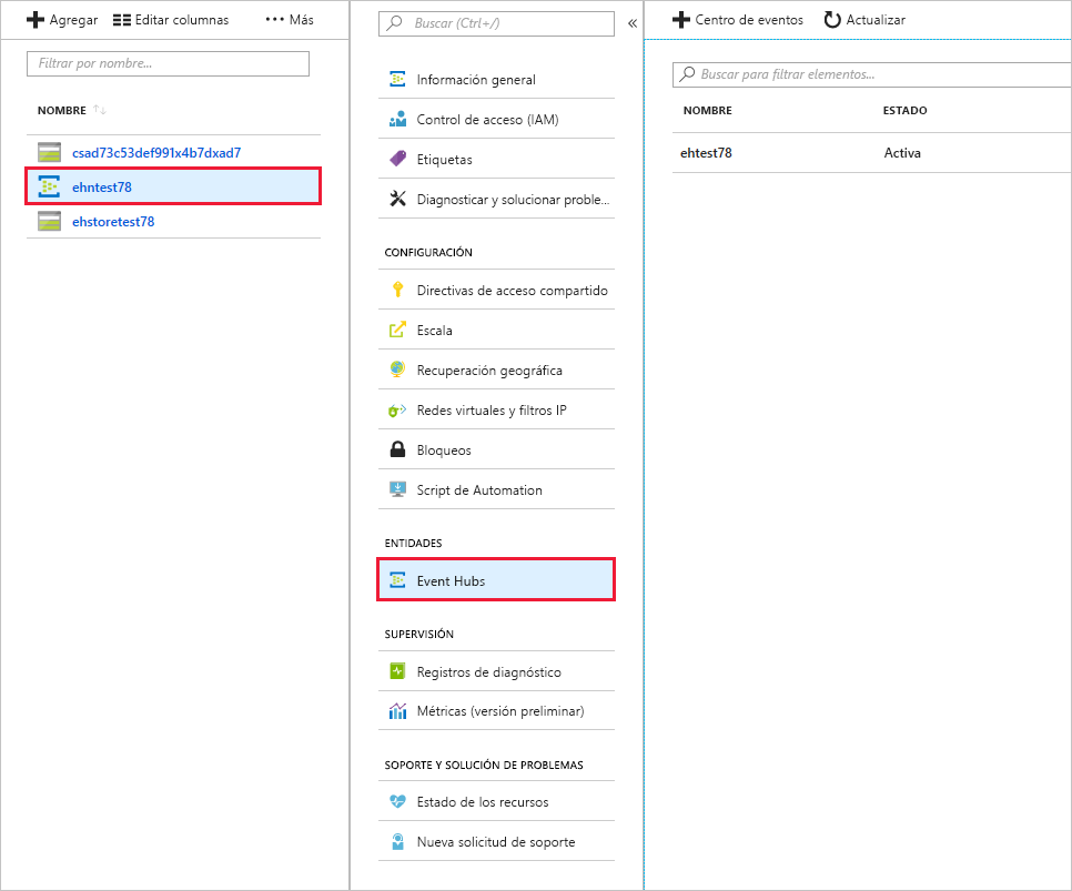 Centro de eventos en Azure Portal.