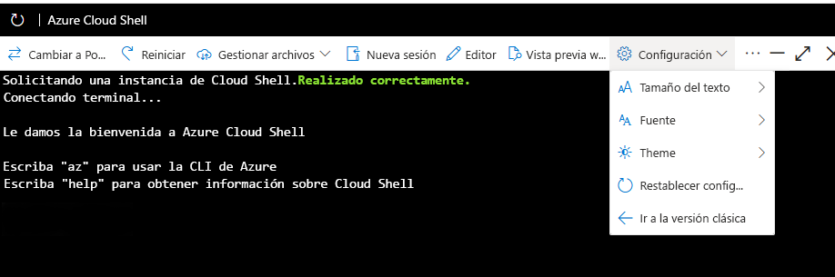 Recorte de pantalla en el que se muestra el elemento de menú para cambiar Azure Cloud Shell al modo clásico.