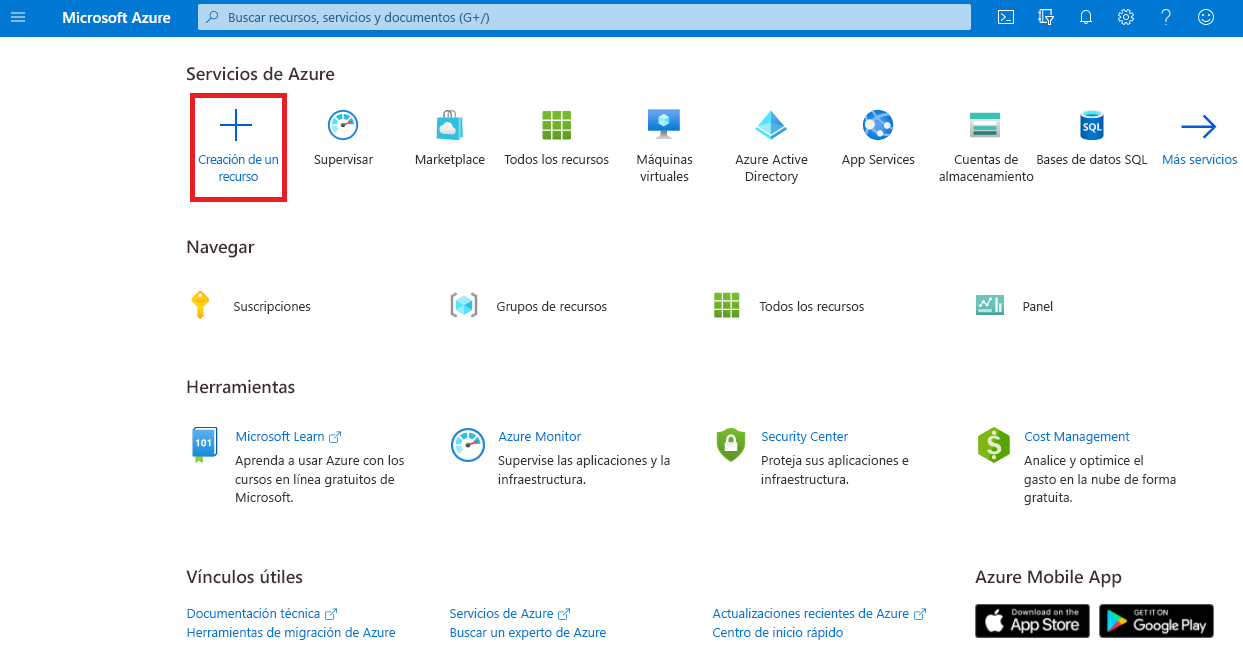 Captura de pantalla del menú de Azure Portal y la opción Crear un recurso.