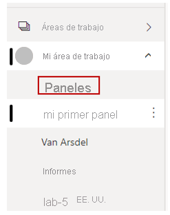 Captura de pantalla del menú del lado izquierdo del servicio Power BI que muestra un panel.