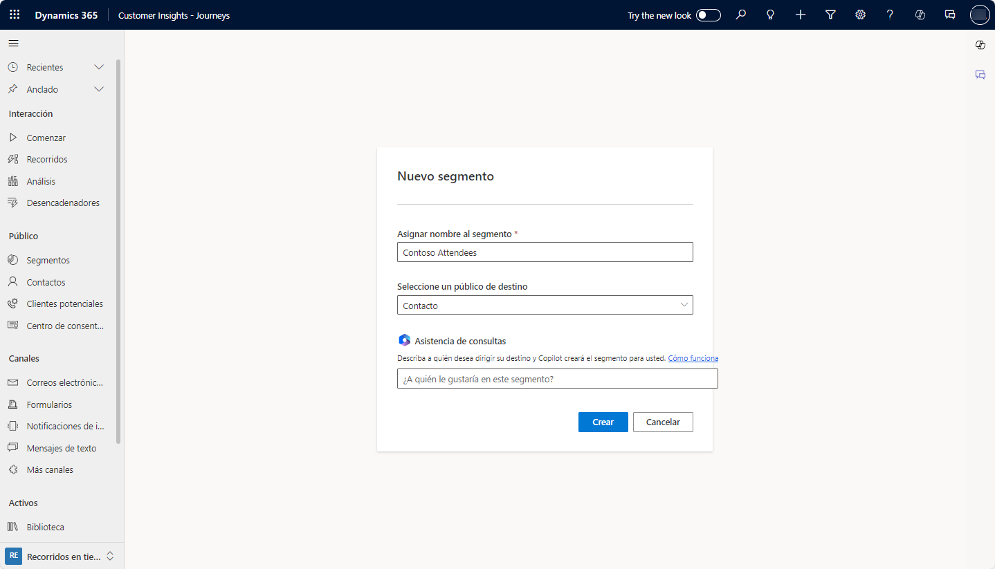 Captura de pantalla con la creación de un segmento de marketing usando el copiloto de asistencia de consultas
