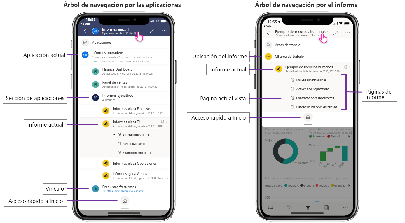 Captura de pantalla del árbol de navegación de una aplicación de Power BI para dispositivos móviles.