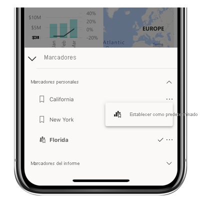 Captura de pantalla del menú marcadores, en la que se muestra la opción Establecer como valor predeterminado.