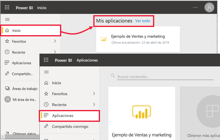 Captura de pantalla del icono Aplicaciones de Power BI en la barra de navegación.