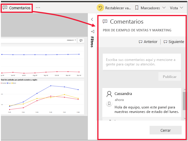 Captura de pantalla de un panel compartido de ejemplo con un comentario