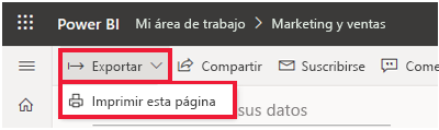 Captura de pantalla del menú archivo de Power BI expandido y la opción Imprimir esta página resaltada.