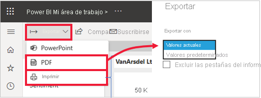 Captura de pantalla del menú Exportar de Power BI expandido y la opción PDF resaltada.