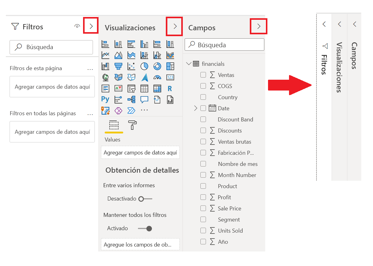 Puede contraer o expandir los paneles Visualizaciones y Campos.