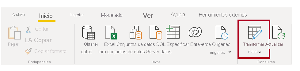 Captura de pantalla del botón Transformar datos.