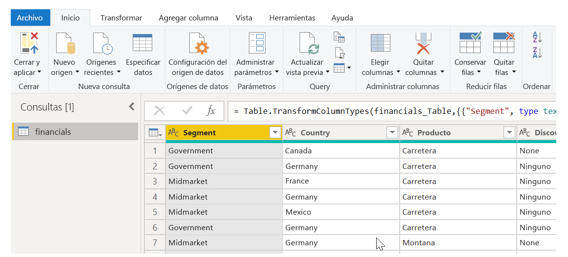 Captura de pantalla de los datos de tabla en modo de edición.